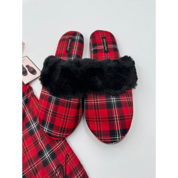 Victorias Secret Signature Satin Plaid Slippers & Drawstring Bag Set Red/Black - Picture 3 of 8